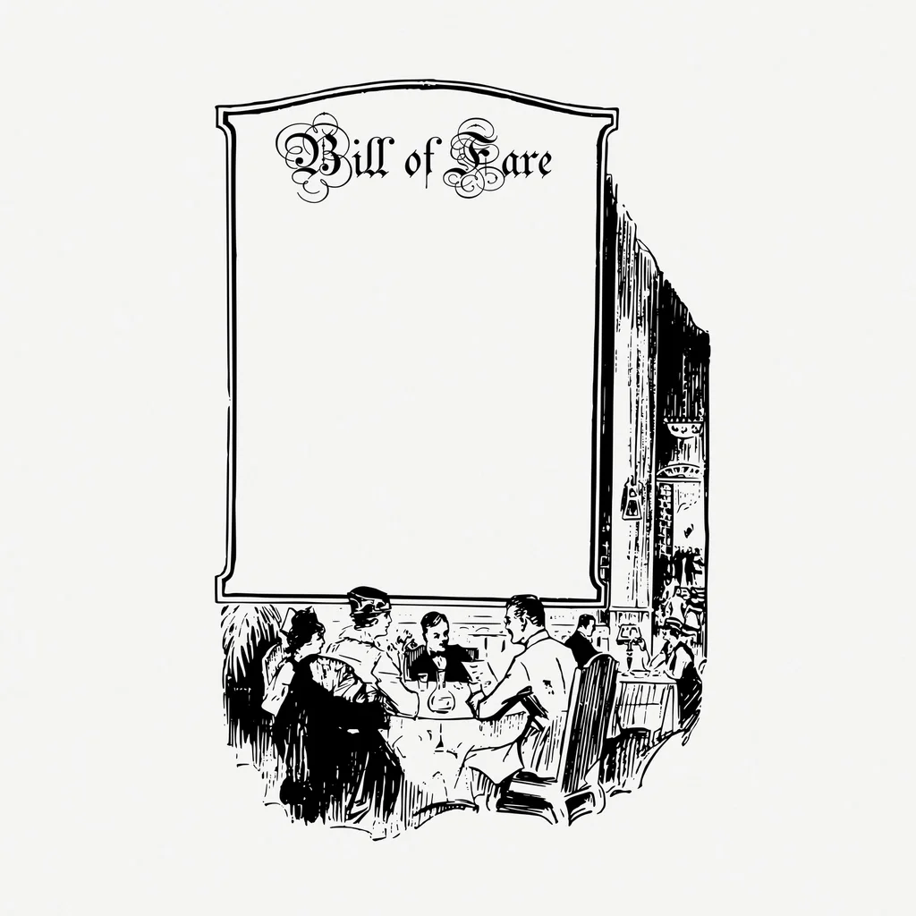 Classic Diner Menu: A decorative menu with a framed composition, large lettering, food imagery, and multiple choices.