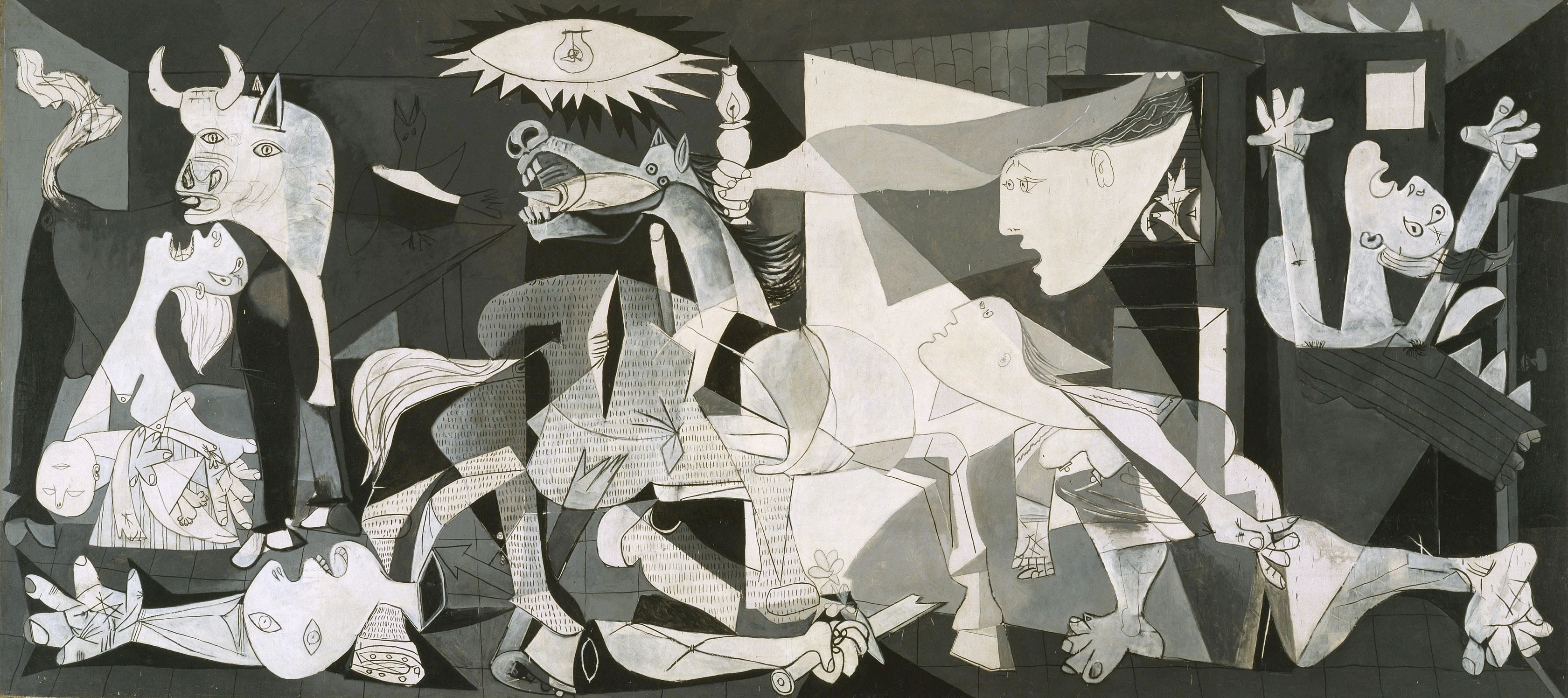 Guernica: A wide monochrome mural with a bull, horse, lamp, grieving figures, and sharp geometric fragments.