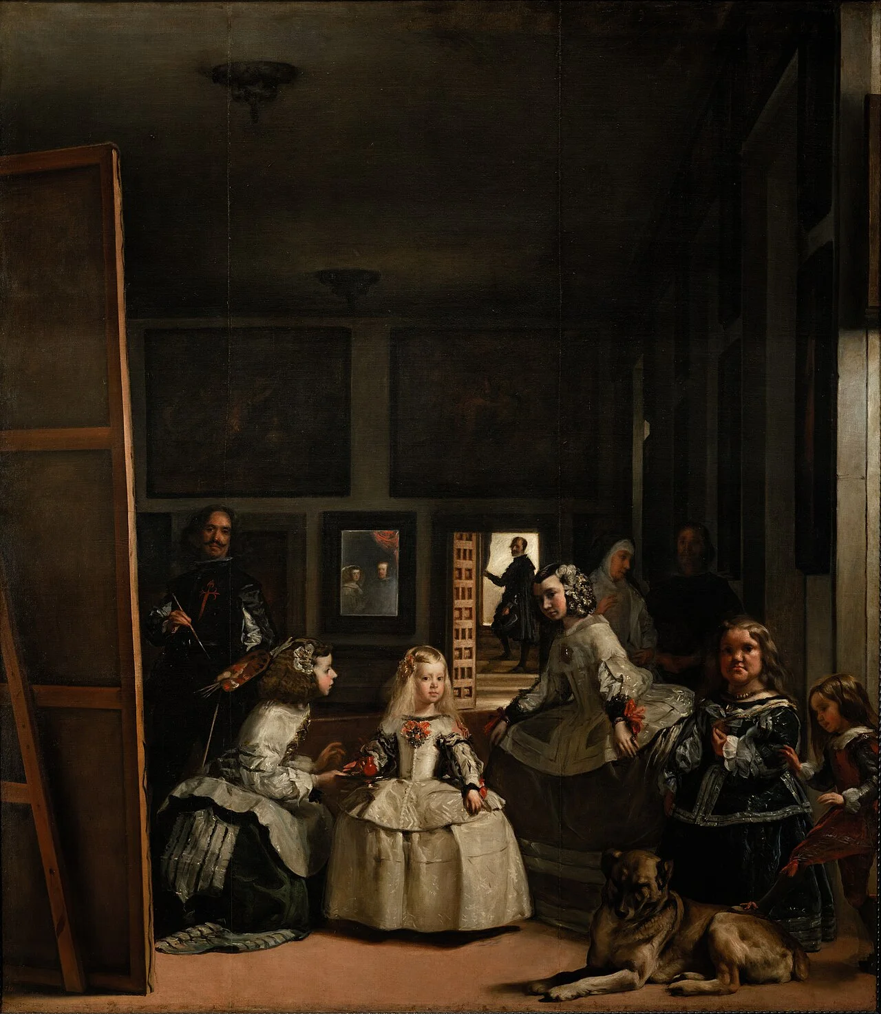 Las Meninas: A studio scene with several figures, a painter at a large canvas, a mirror, and a doorway.