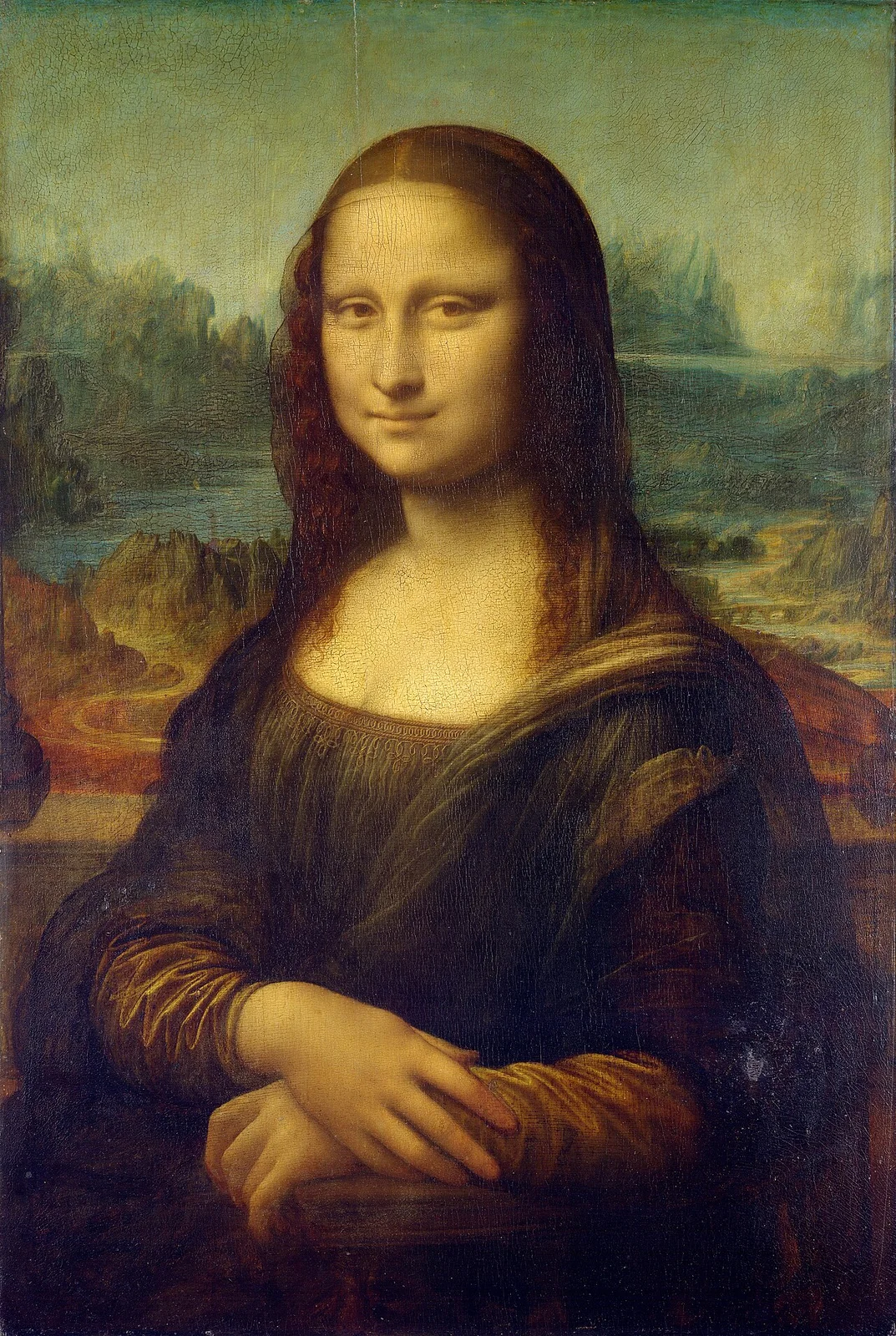 Mona Lisa: A seated half-length portrait with folded hands, a dark dress, and a hazy landscape behind the figure.