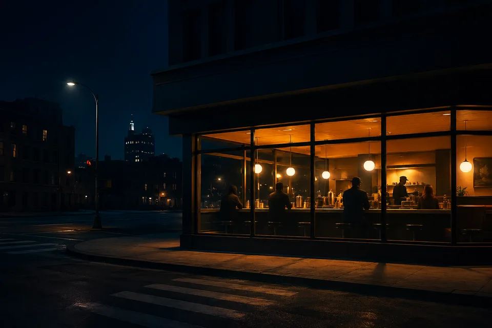 Nighthawks: Four figures inside a brightly lit corner diner seen through large windows at night.