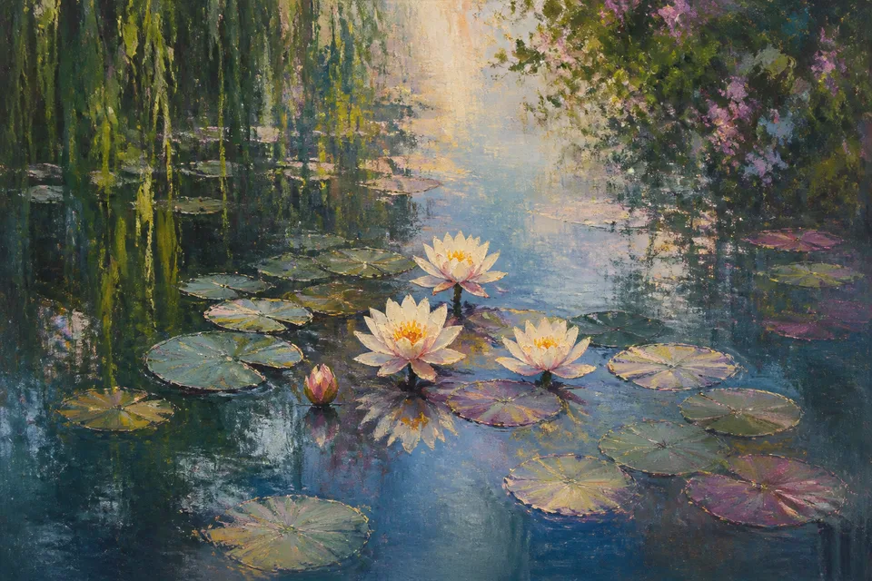 Water Lilies: Floating flowers and broken reflections spread across a water surface with no visible horizon.
